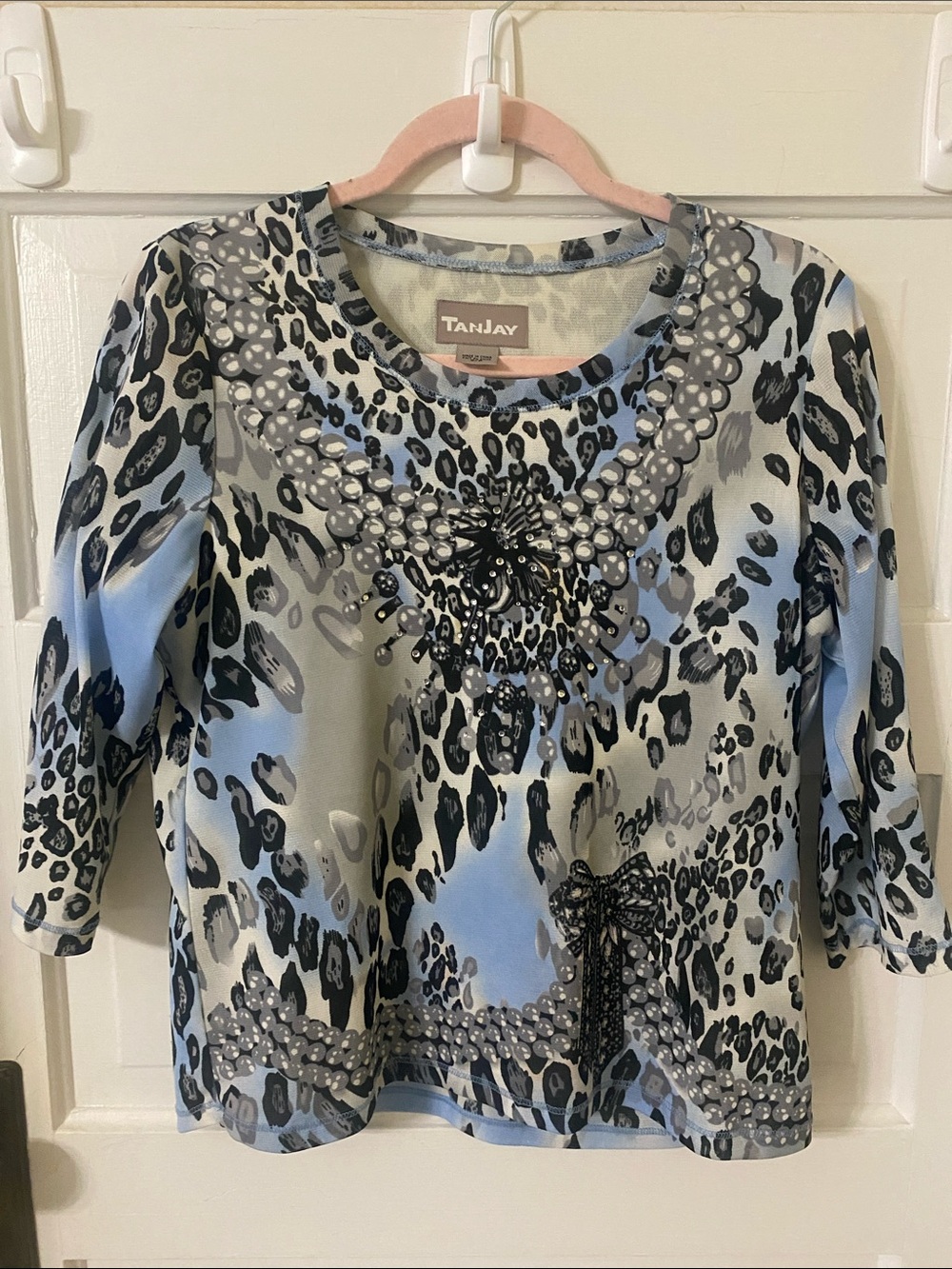 TanJay Blue, Black and Gray Embellished Animal Print Top